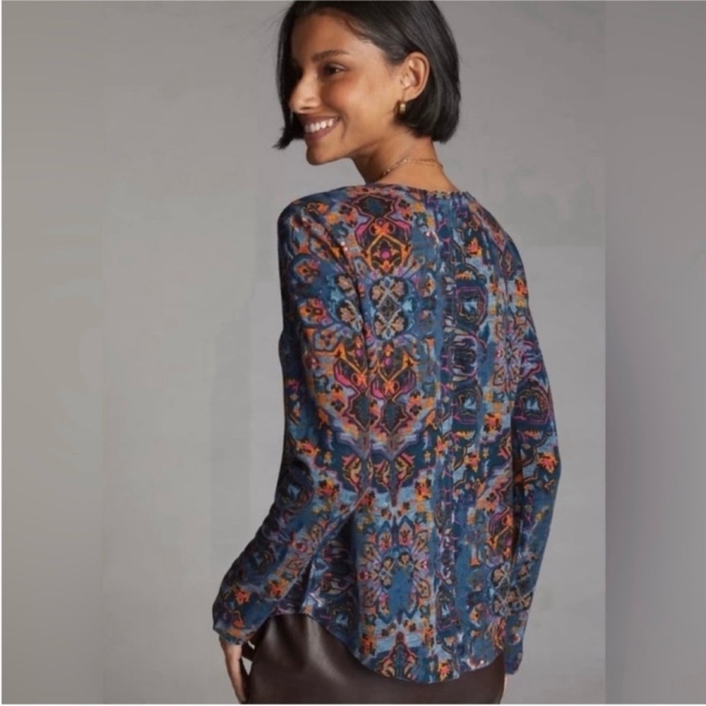 Pilcro Anthropologie Blue and Orange Patterned Long Sleeve Top - Picture 5 of 5